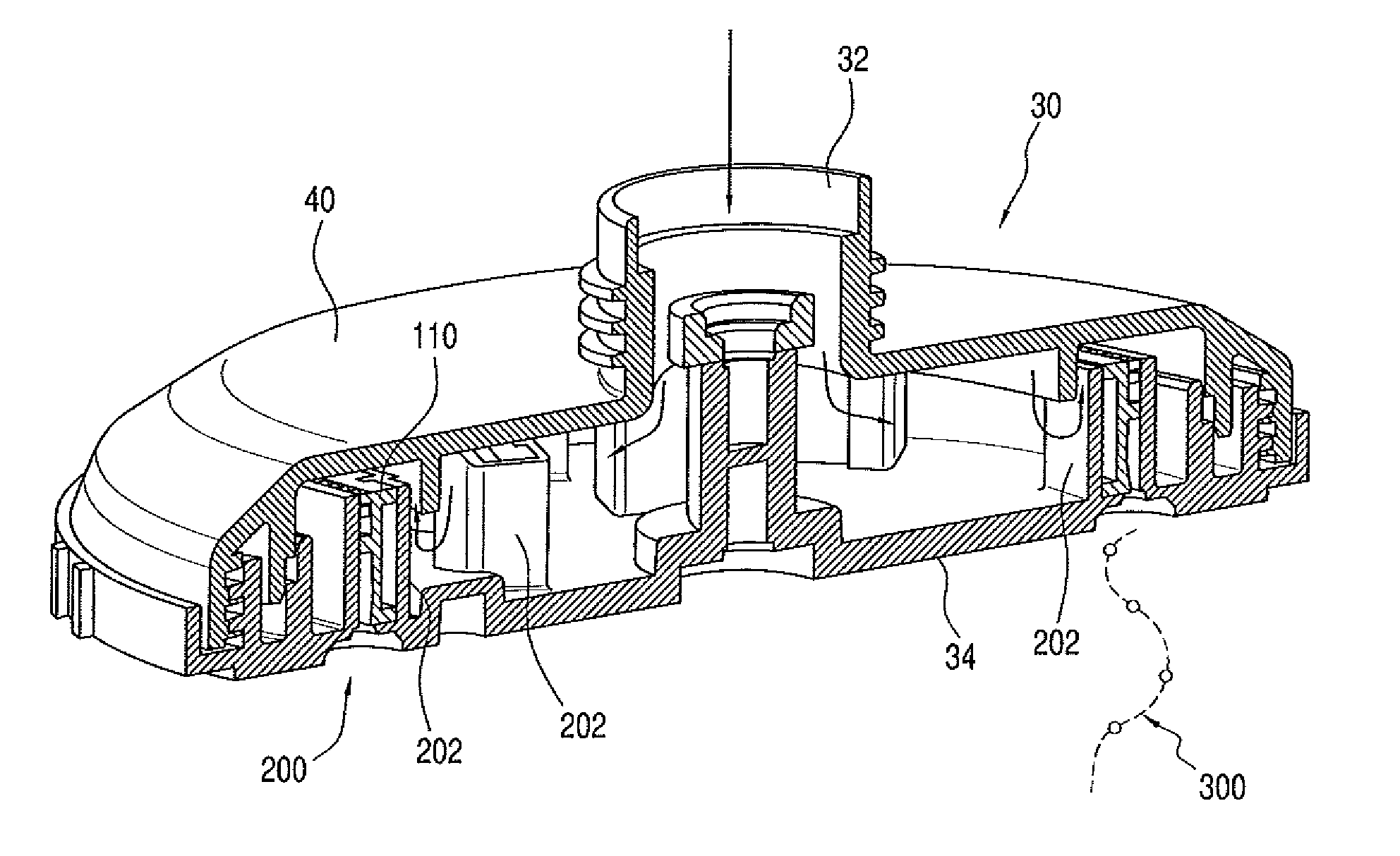 Rain can style showerhead assembly incorporating eddy filter for flow conditioning in fluidic circuits