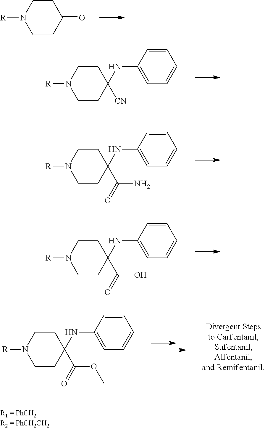 Synthesis of intermediate anilino methyl esters used in the production of synthetic opioid analgesics