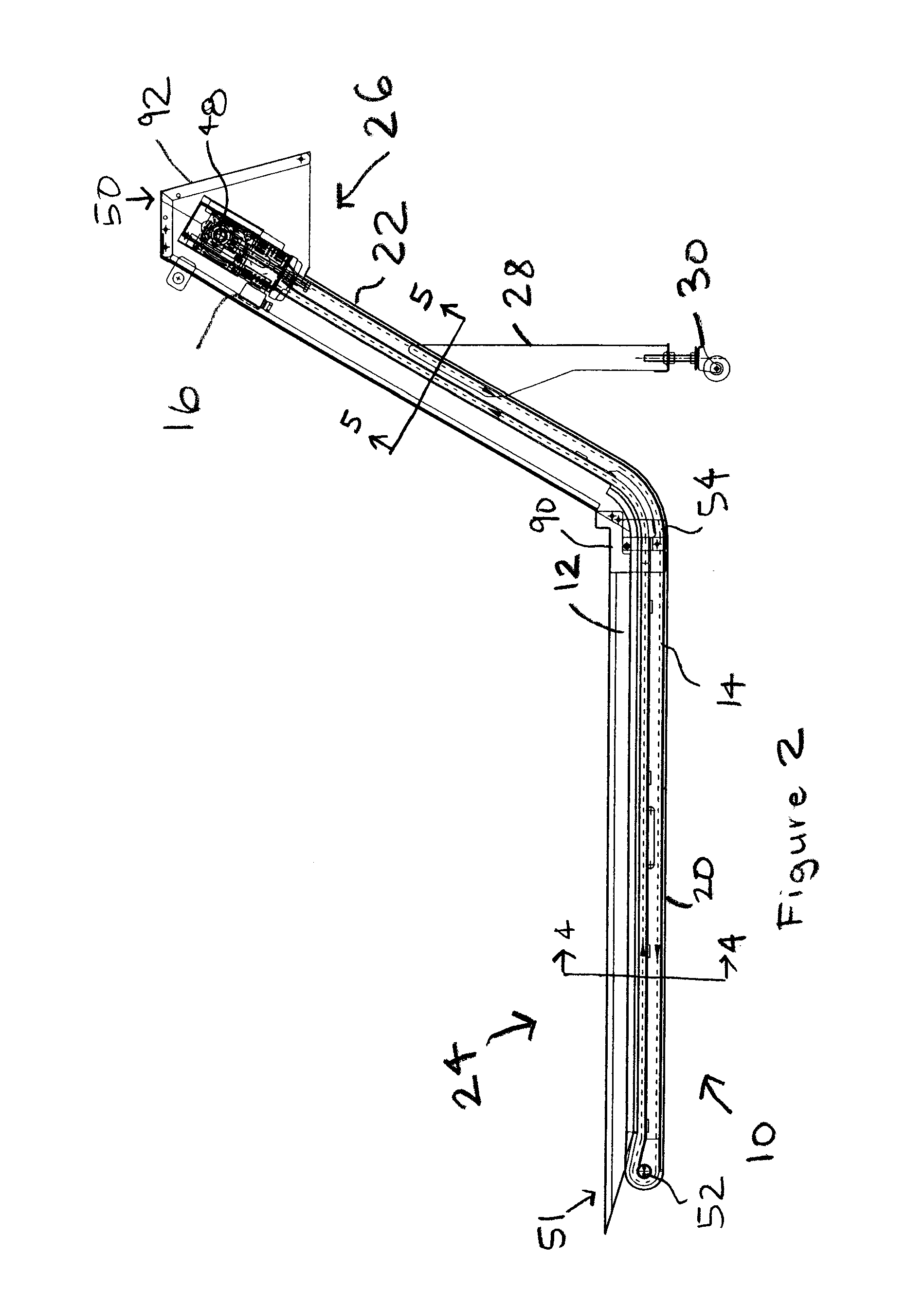 Foldable conveyor with automatic tensioning device