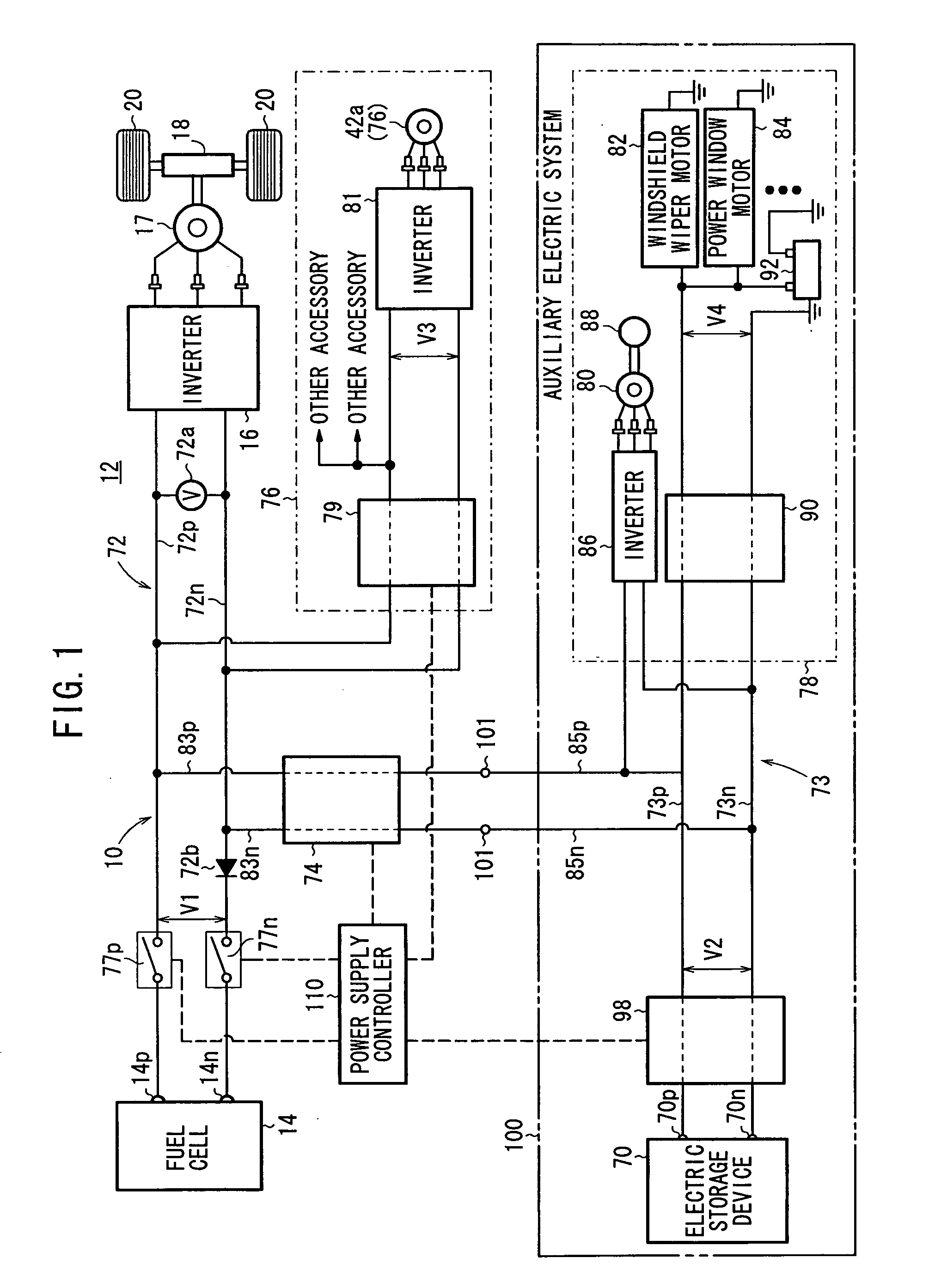 Electric system for fuel cell, fuel cell vehicle, and method of supplying electric power