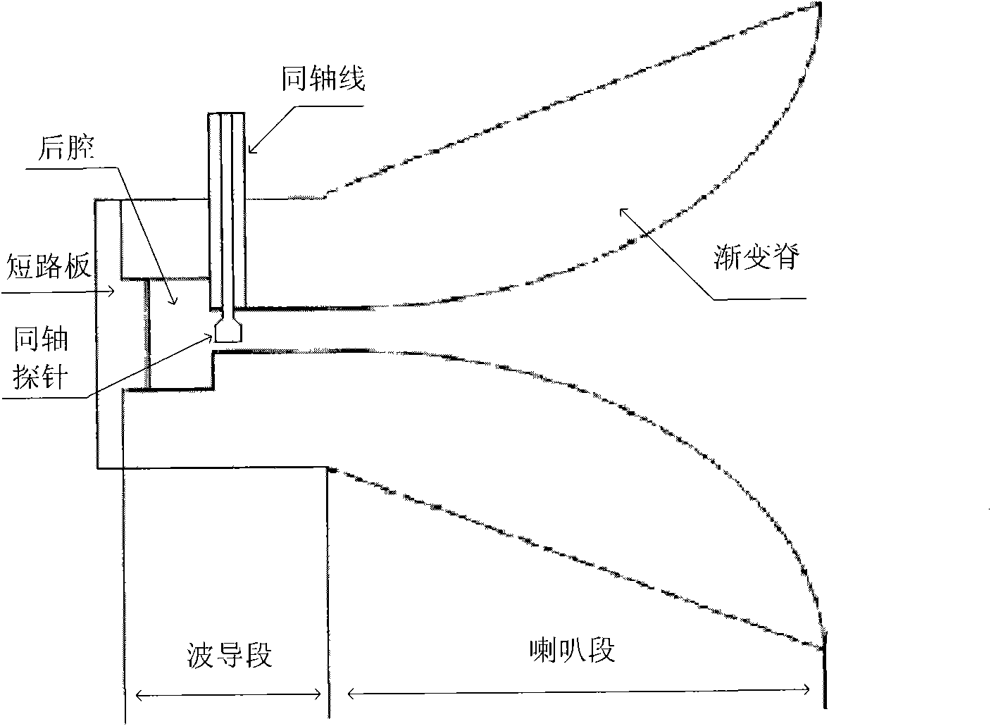 Back-fed millimeter wave broadband double ridged horn antenna