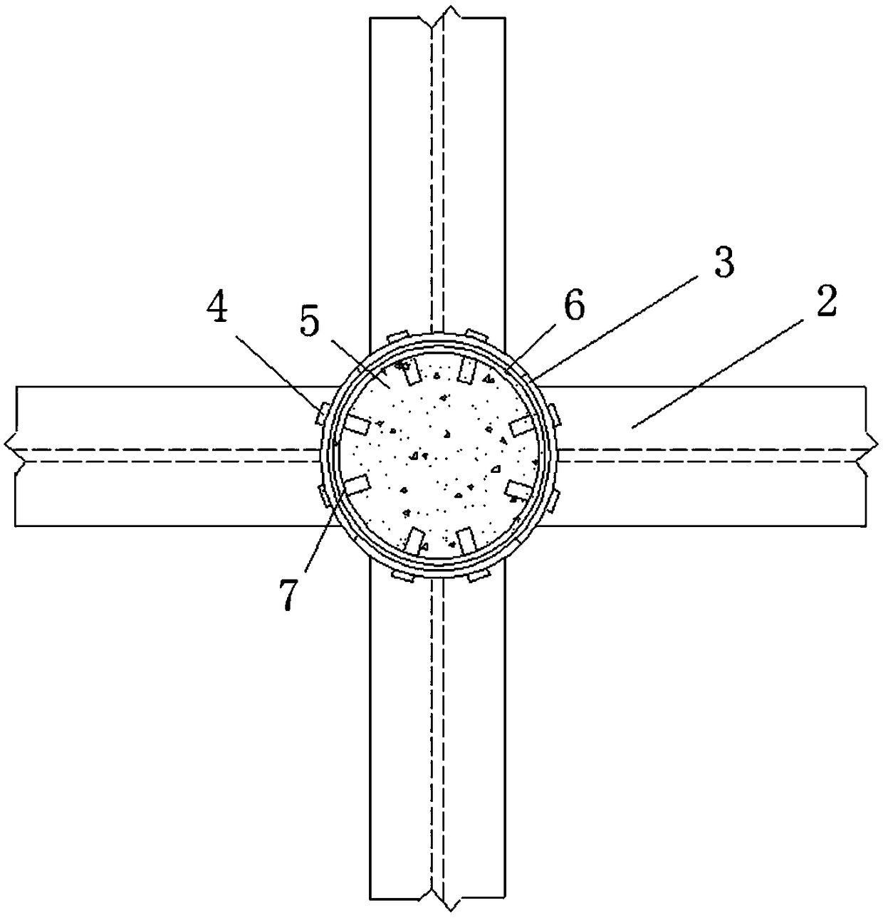 Core area strengthening type circular concrete-filled steel tube column and steel beam connecting joint structure and construction method