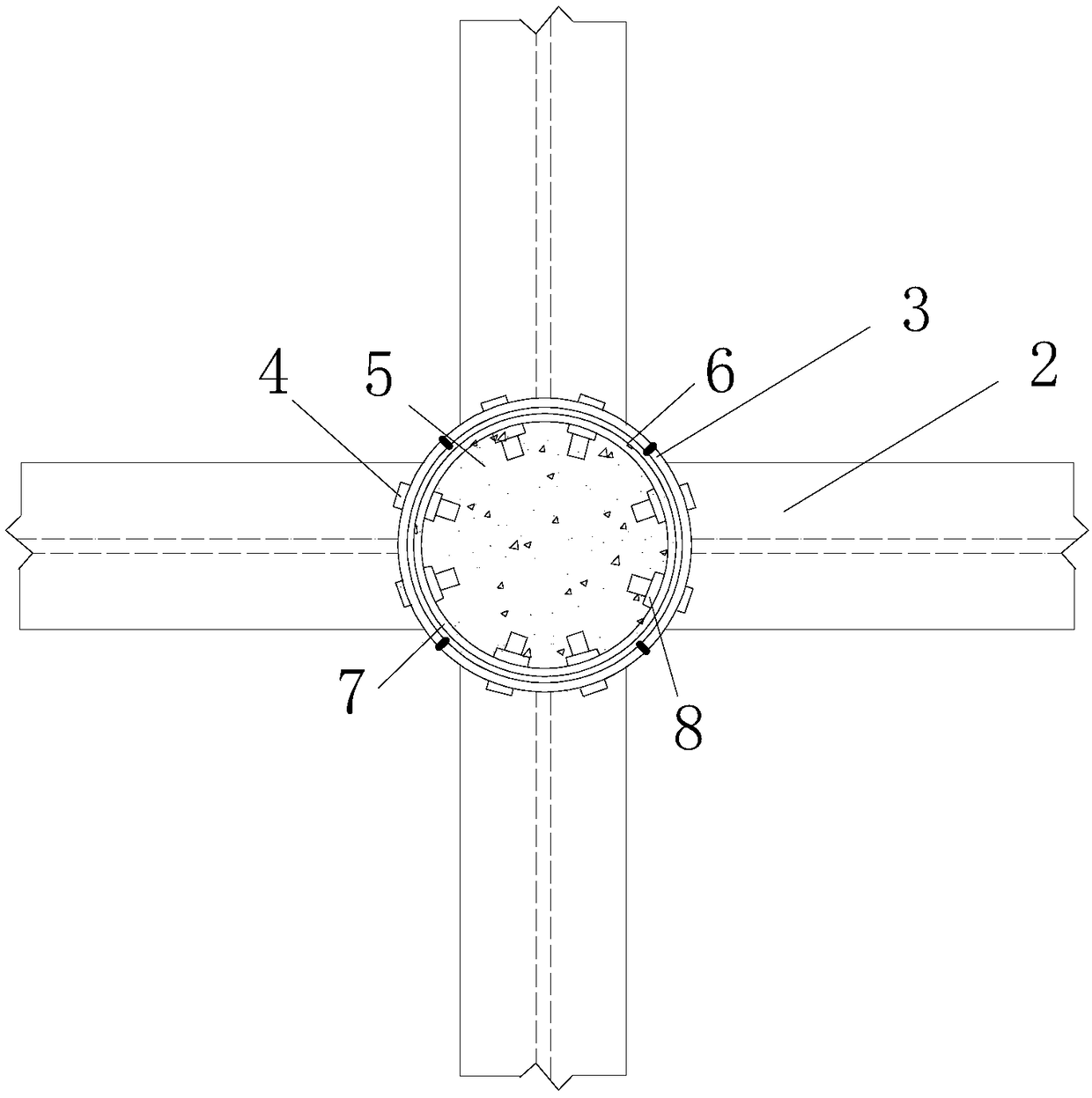 Core area strengthening type circular concrete-filled steel tube column and steel beam connecting joint structure and construction method