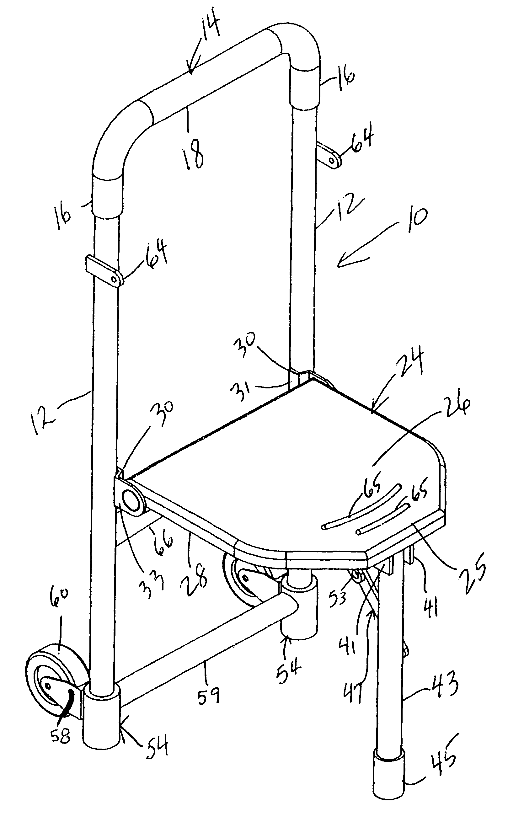 Portable wheeled dolly for carrying receptacle of articles and collapsible chair