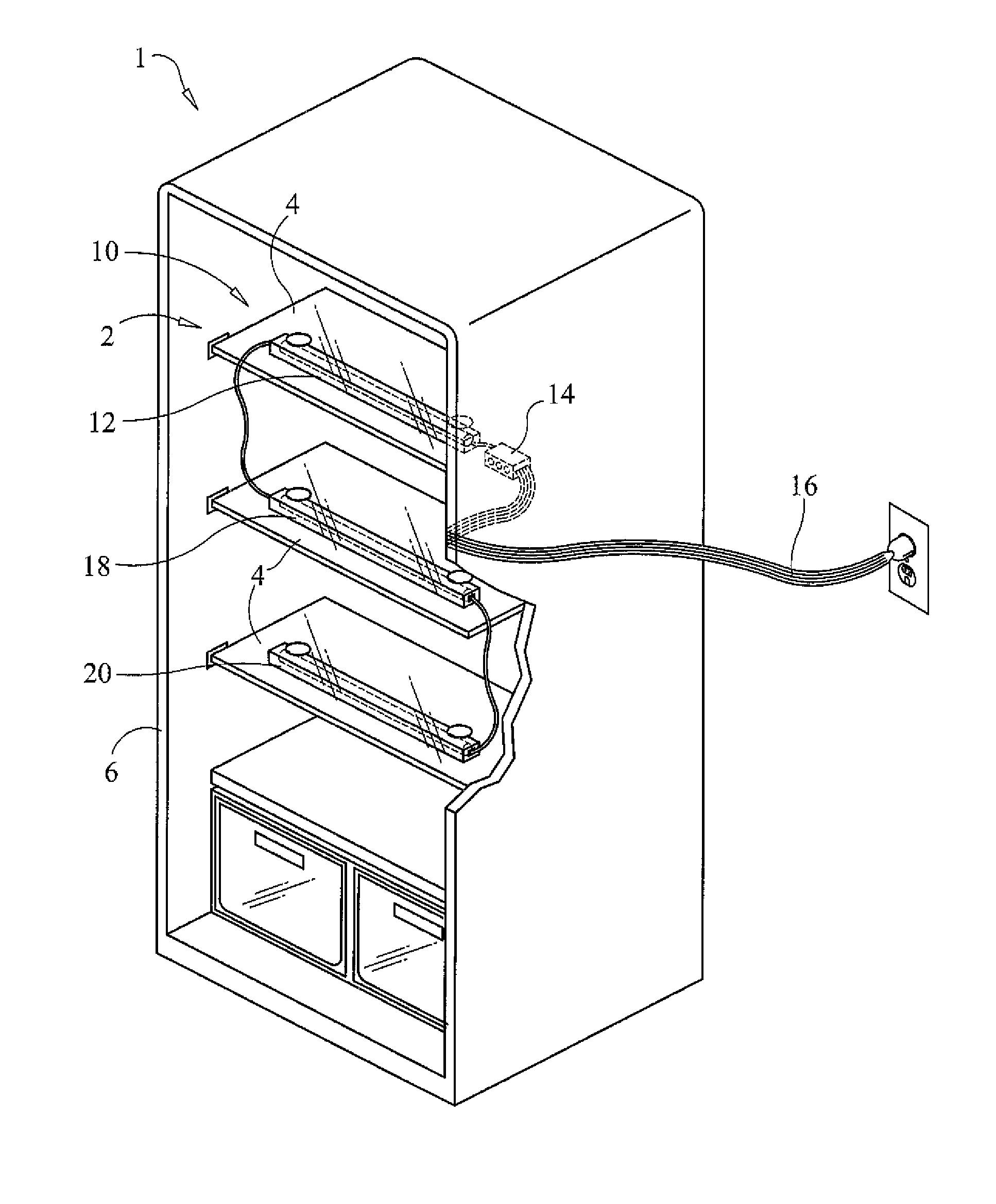 Antimicrobial ultraviolet light system for refrigerator sanitation