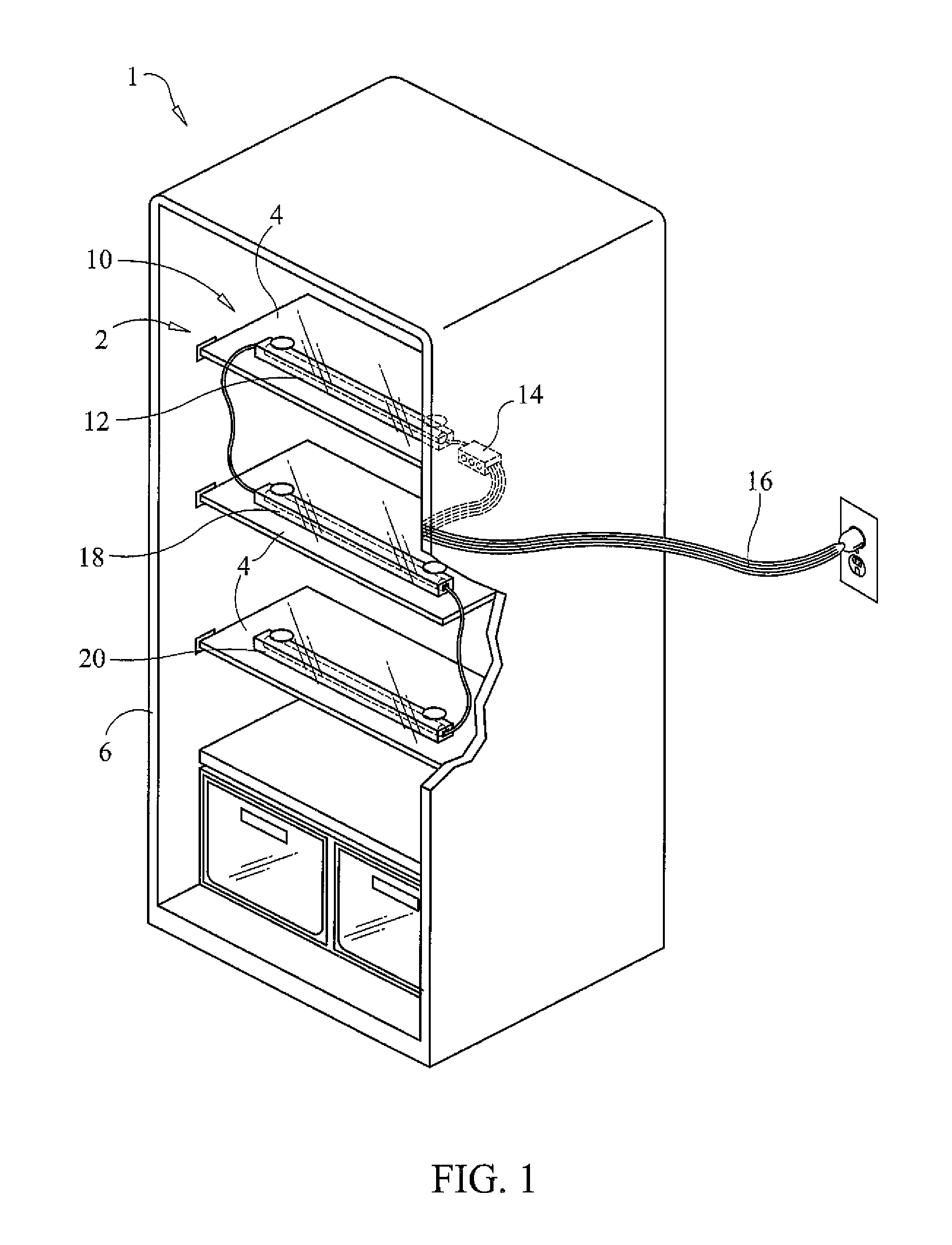 Antimicrobial ultraviolet light system for refrigerator sanitation