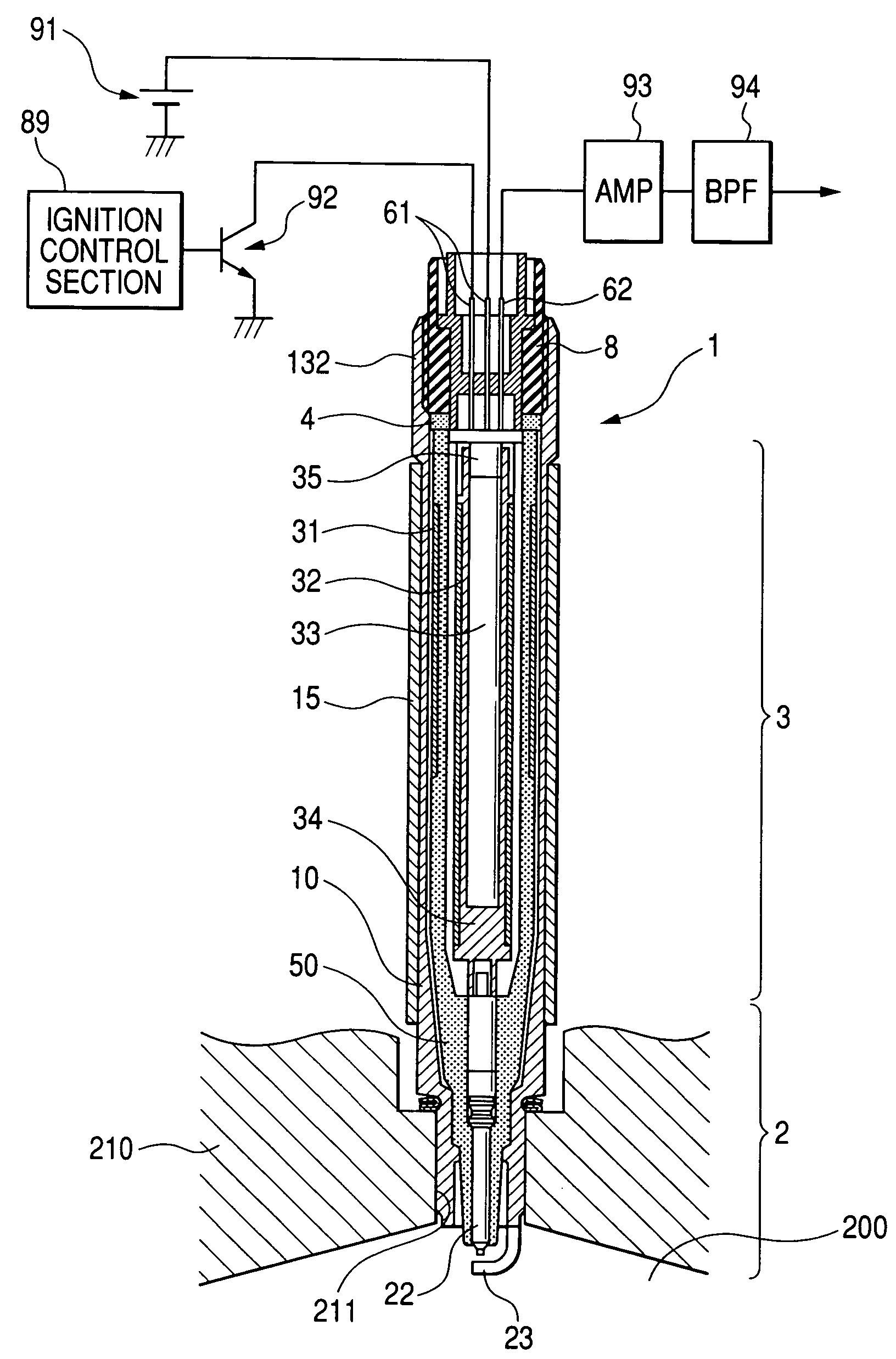 Combustion chamber pressure sensor equipped with damper body for attenuating transmitted engine vibration