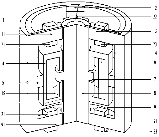 A five-degree-of-freedom hybrid magnetic bearing for a vehicle flywheel battery