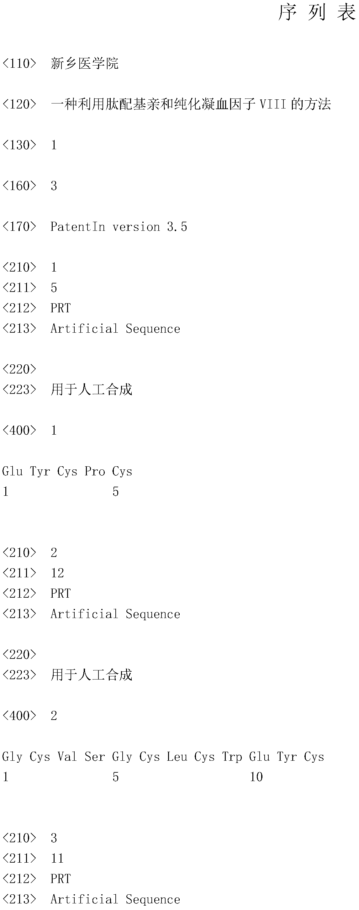 A method for affinity purification of blood coagulation factor VIII using peptide ligand