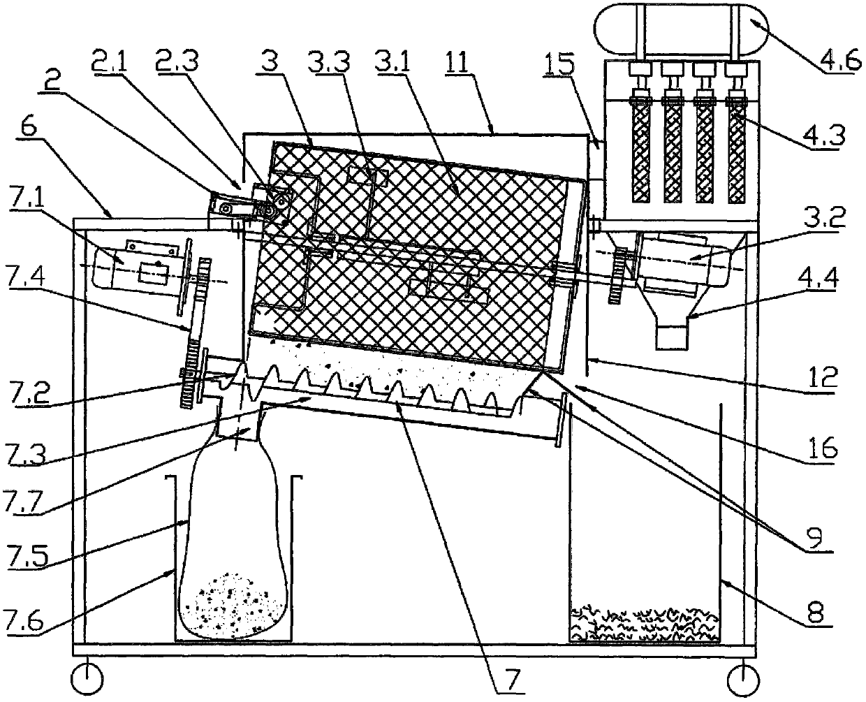 A powder packaging bag crushing and screening machine