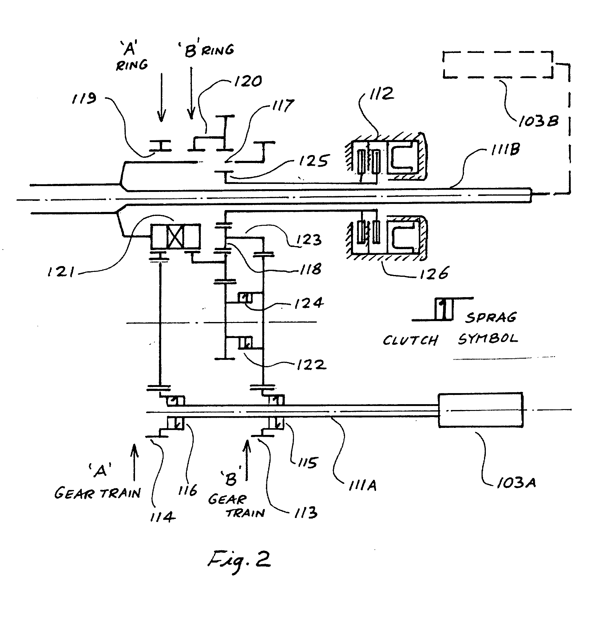 Speed changing gearbox with dual path input