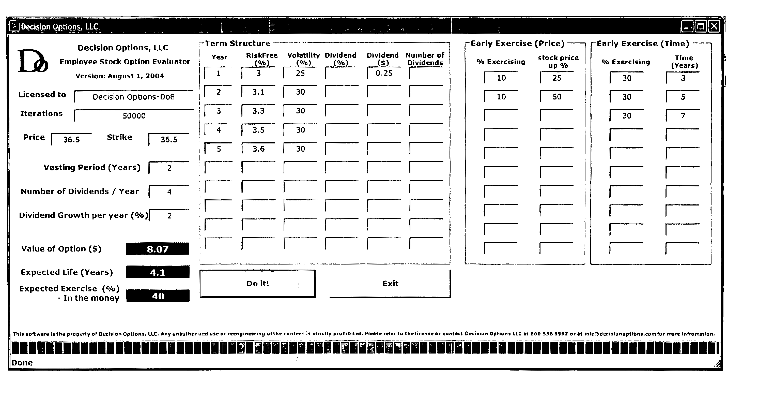 System and method to calculate the value of a non-tradable option such as an employee stock option, considering characteristics such as term structure in interest rates, volatility and dividends, constraints such as vesting and black-out periods as well as voluntary and involuntary early exercise patterns prescribed as a function of stock price, time or both