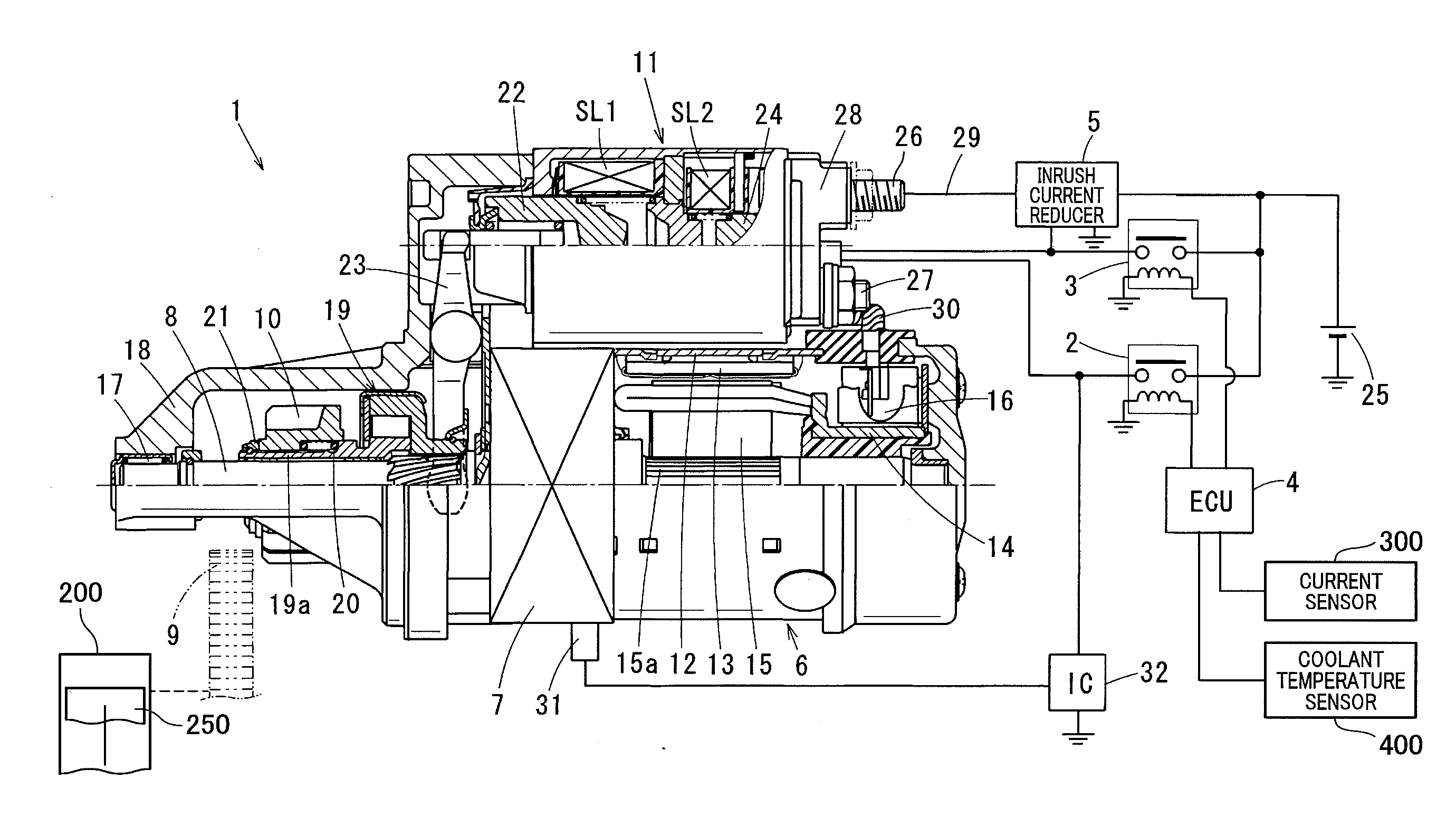 Engine starting apparatus with inrush current reducer