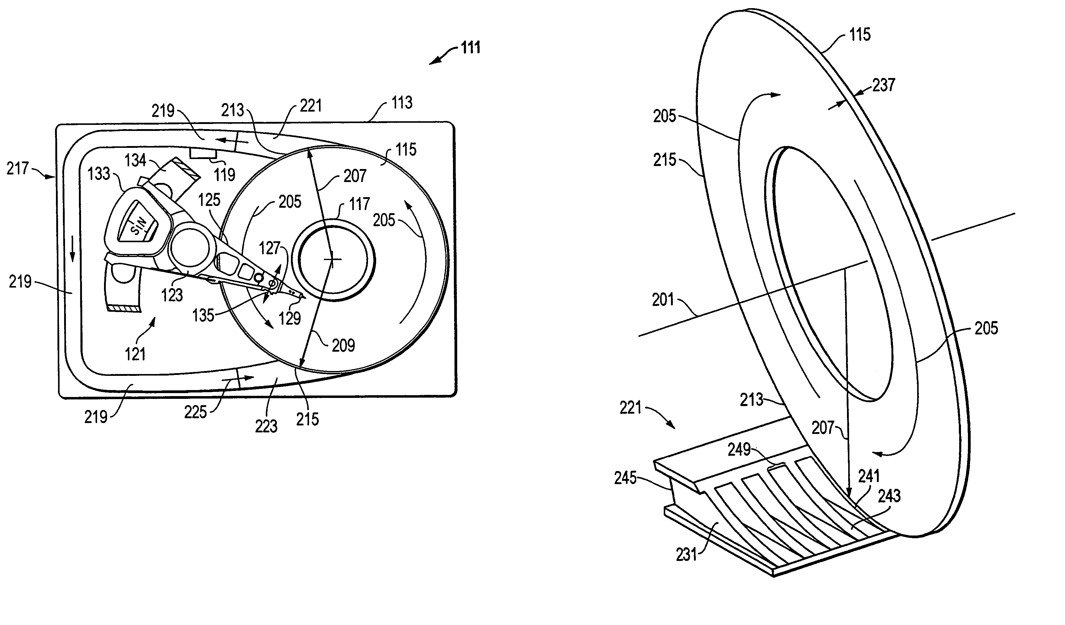 Aerodynamic diffuser, contraction, and fairing for disk base and re-acceleration drag reduction in hard disk drives