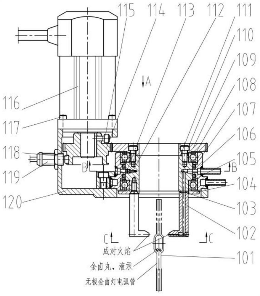 A rotary fire head device and method for sealing quartz glass tubular devices