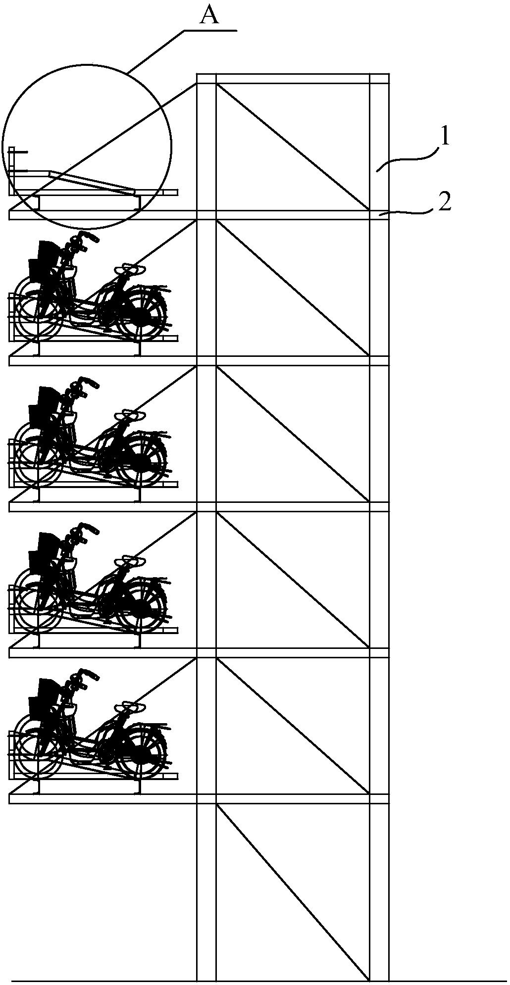 Stereo garage capable of quickly parking and taking bikes in batches