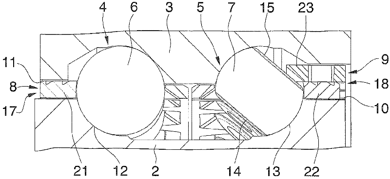 Axial angular-contact rolling bearing, in particular for rotary table mounting on machine tools, and method for assembling an axial angular-contact rolling bearing of said type