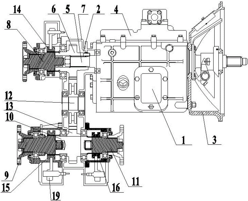 Multi-functional postpositional transfer case with three output shafts