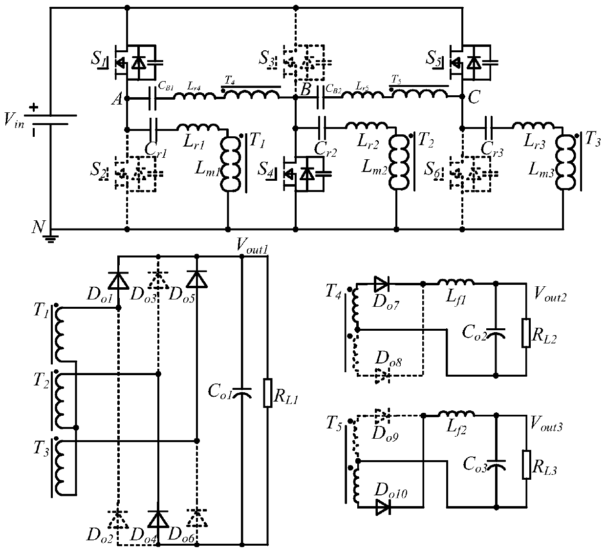 An isolated mixed modulation triple output dc-dc converter based on a three-phase llc resonant circuit and a phase-shifted full-bridge circuit