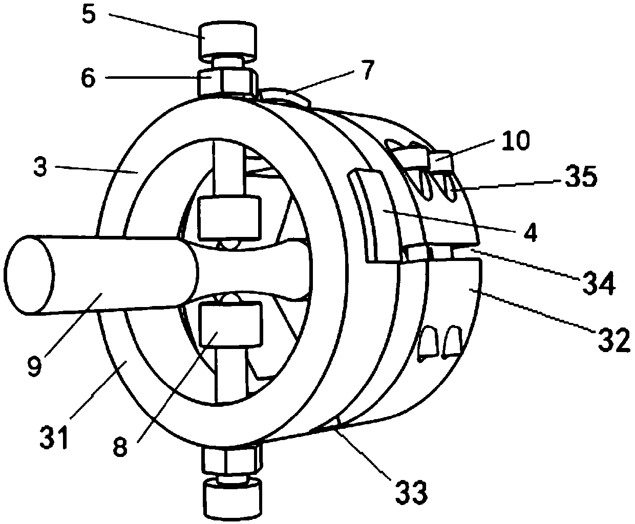 Fretting fatigue test device for high temperature rotating bending fatigue testing machine