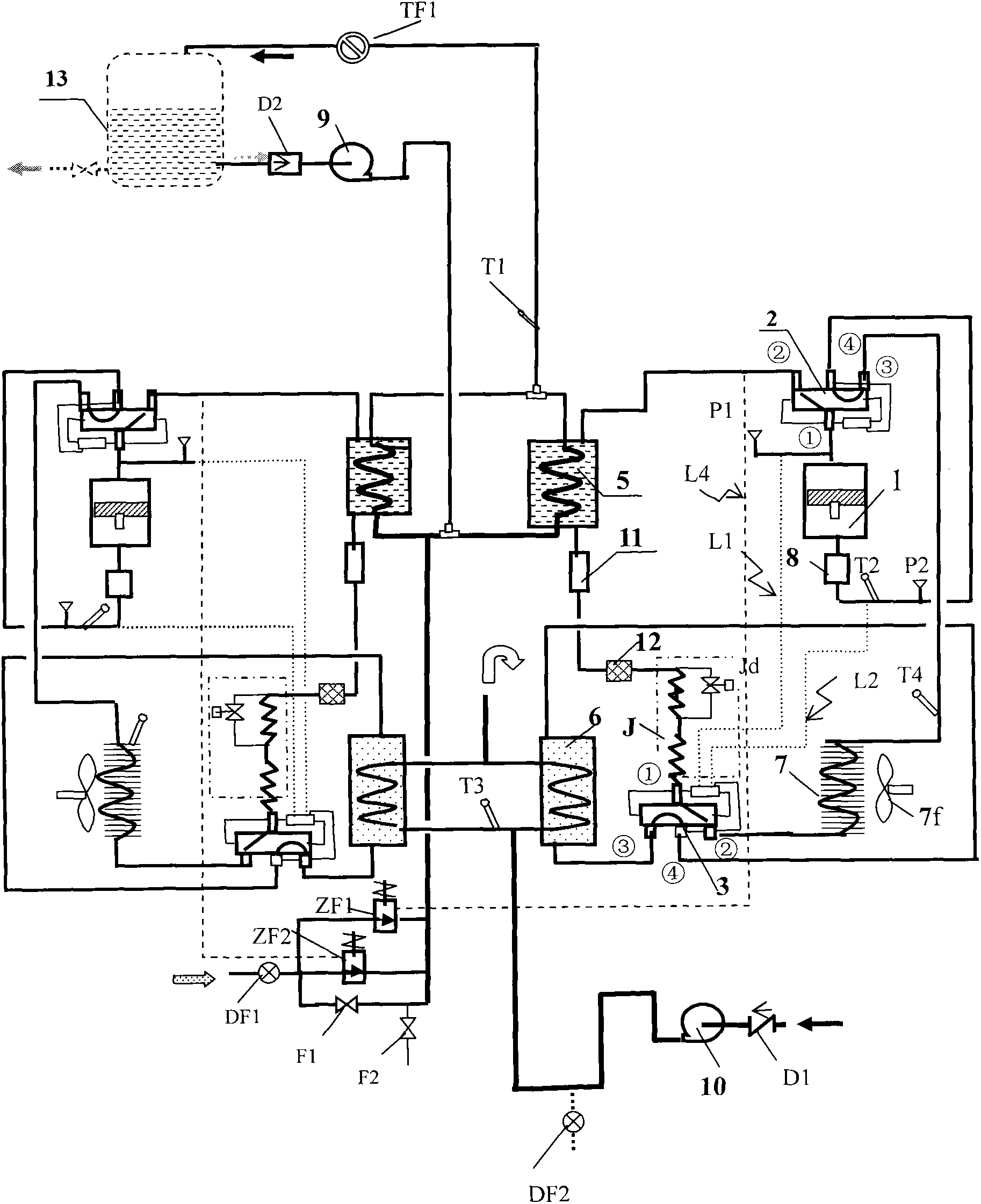 Dual-heat source heat pump water heating all-in-one machine employing dual four-way valves for switching