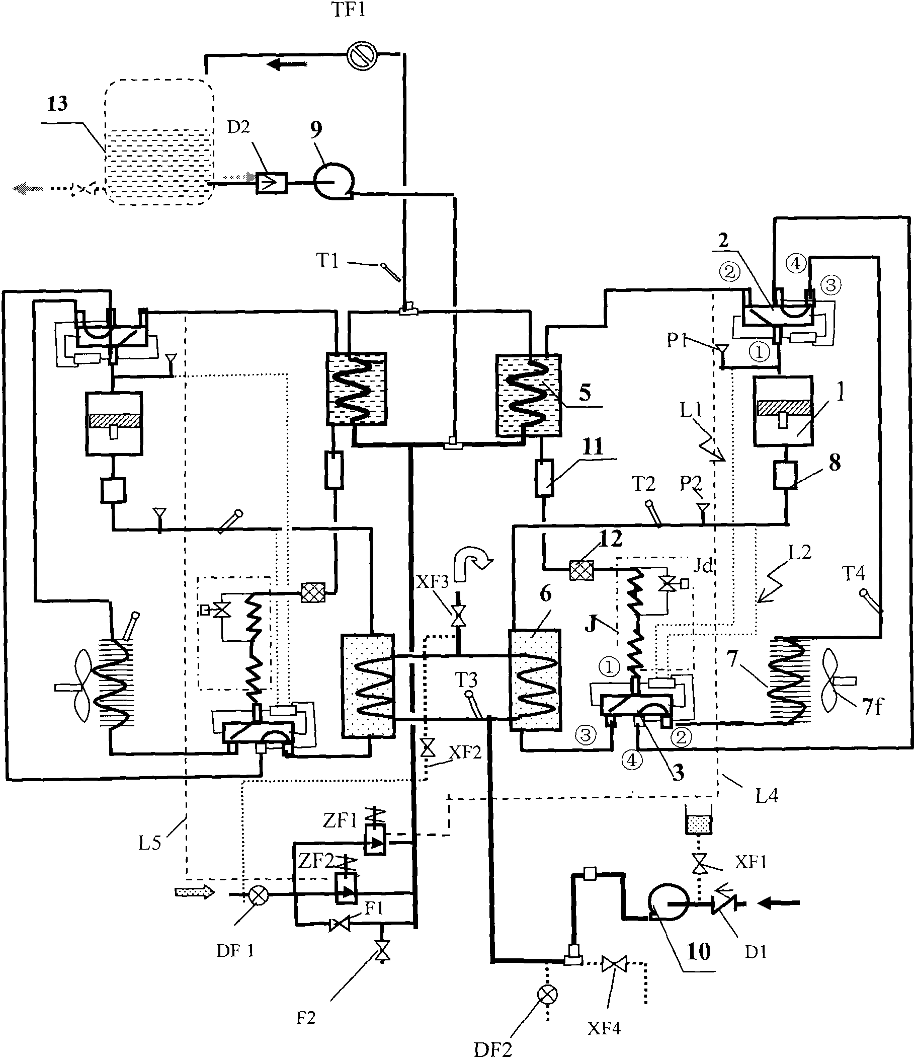 Dual-heat source heat pump water heating all-in-one machine employing dual four-way valves for switching