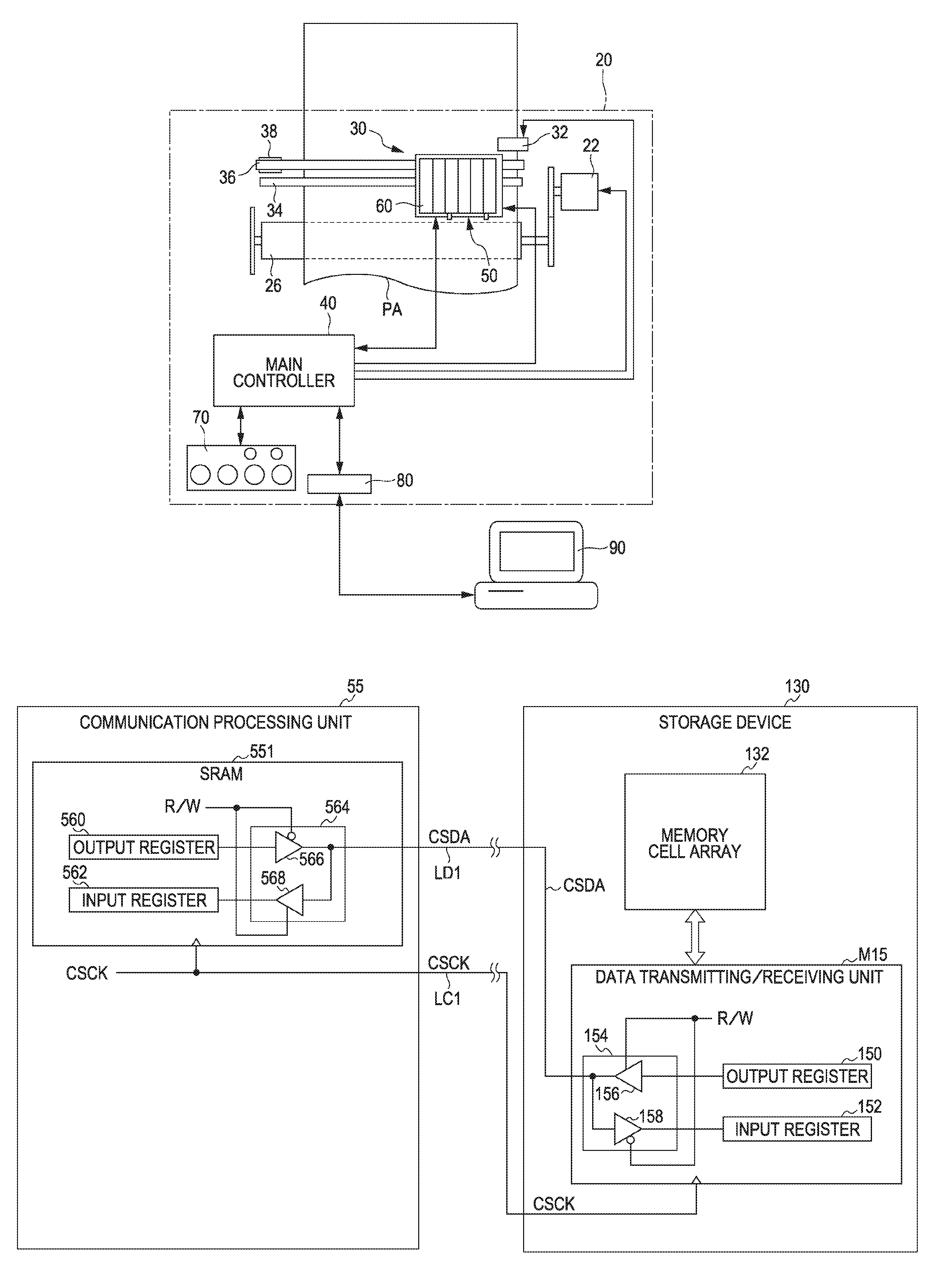 Storage device, board, liquid container, method of receiving data which are to be written in data storage unit from host circuit, and system including storage device which is electrically connectable to host circuit