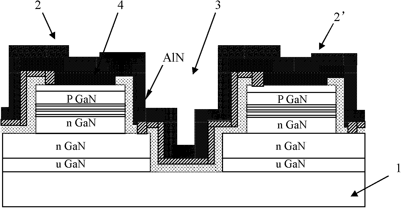 High-power array light-emitting diode (LED) chip surface radiating structure and manufacturing method