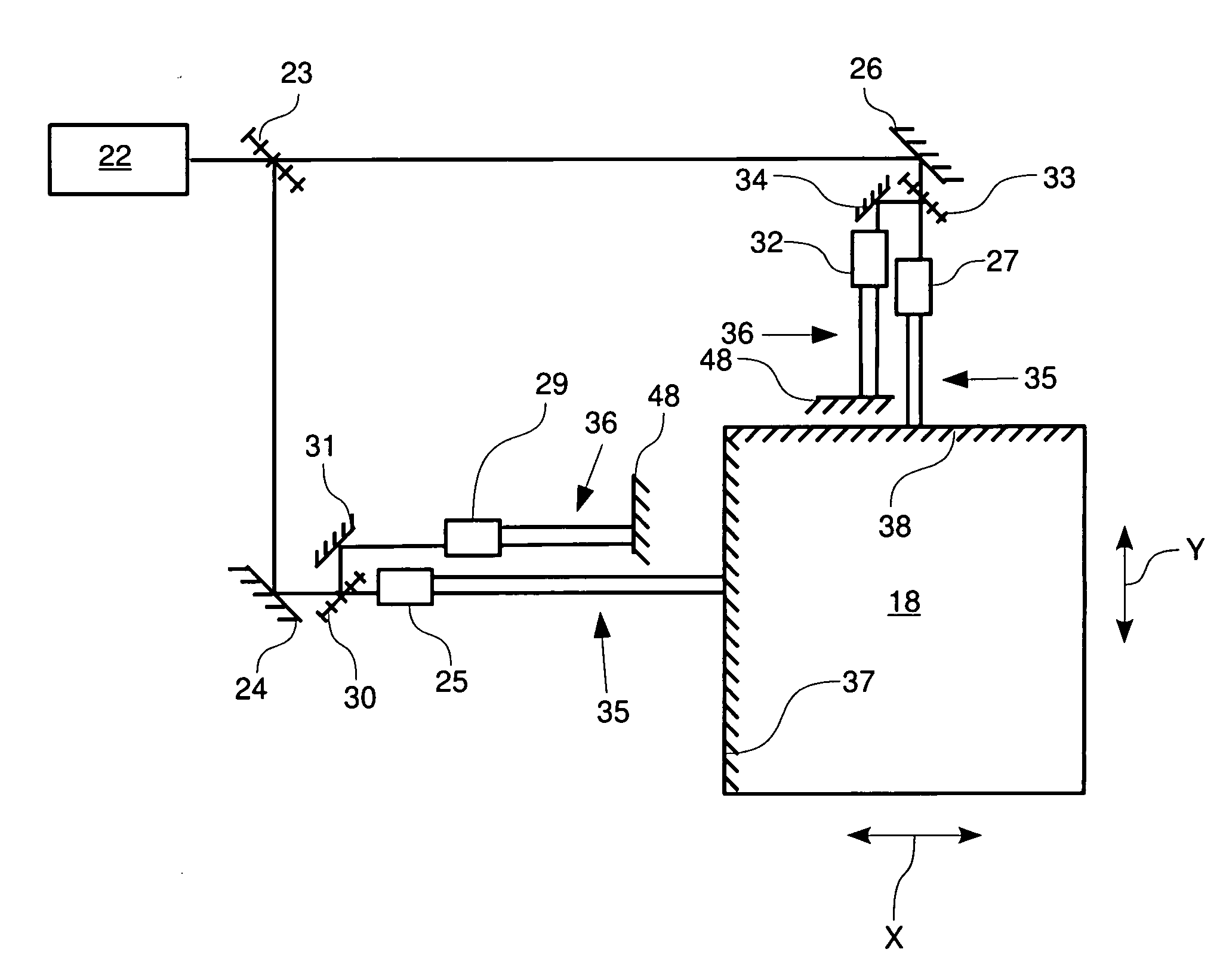 Measuring device and method for determining relative positions of a positioning stage configured to be moveable in at least one direction