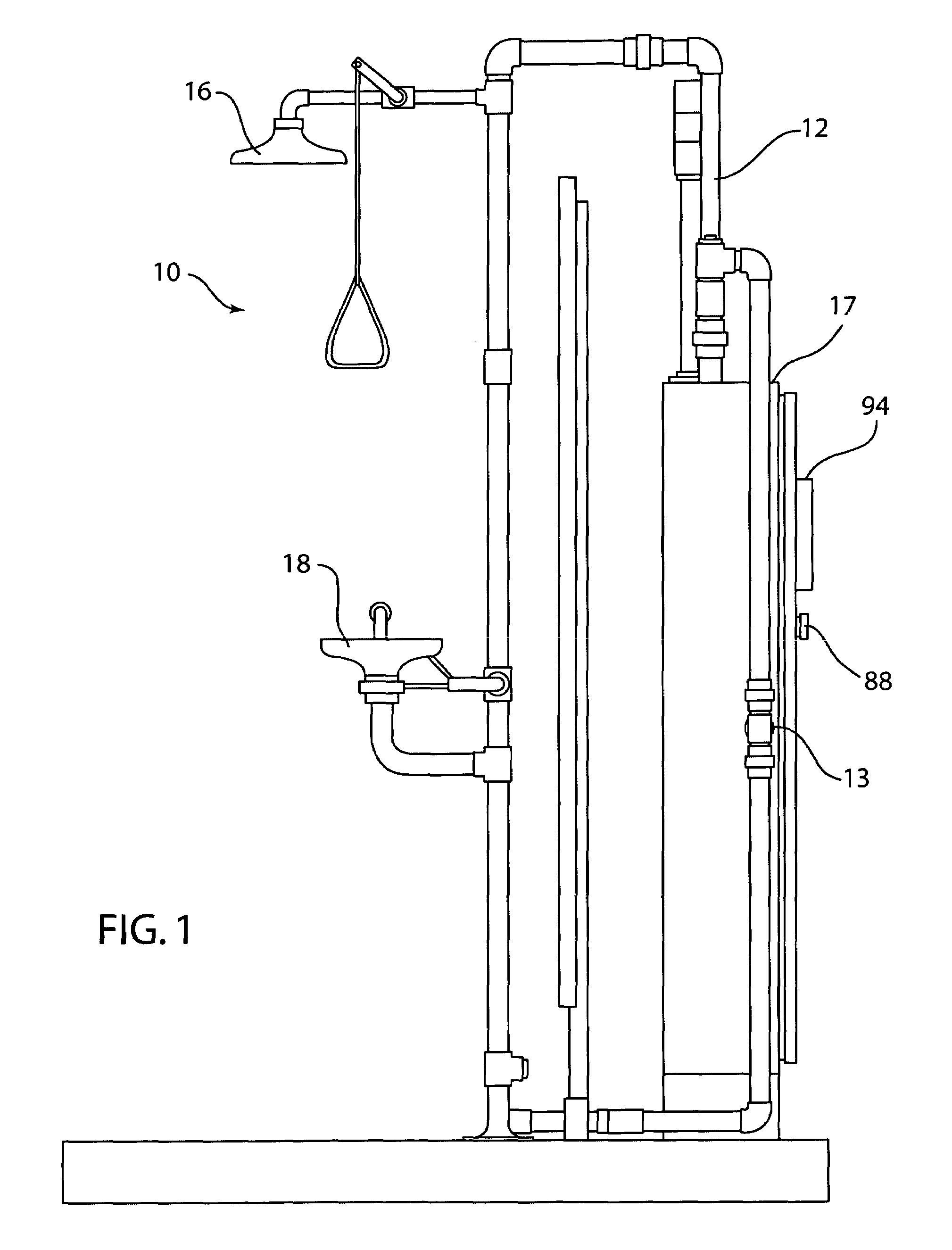 Emergency shower and eyewash station with temperature control