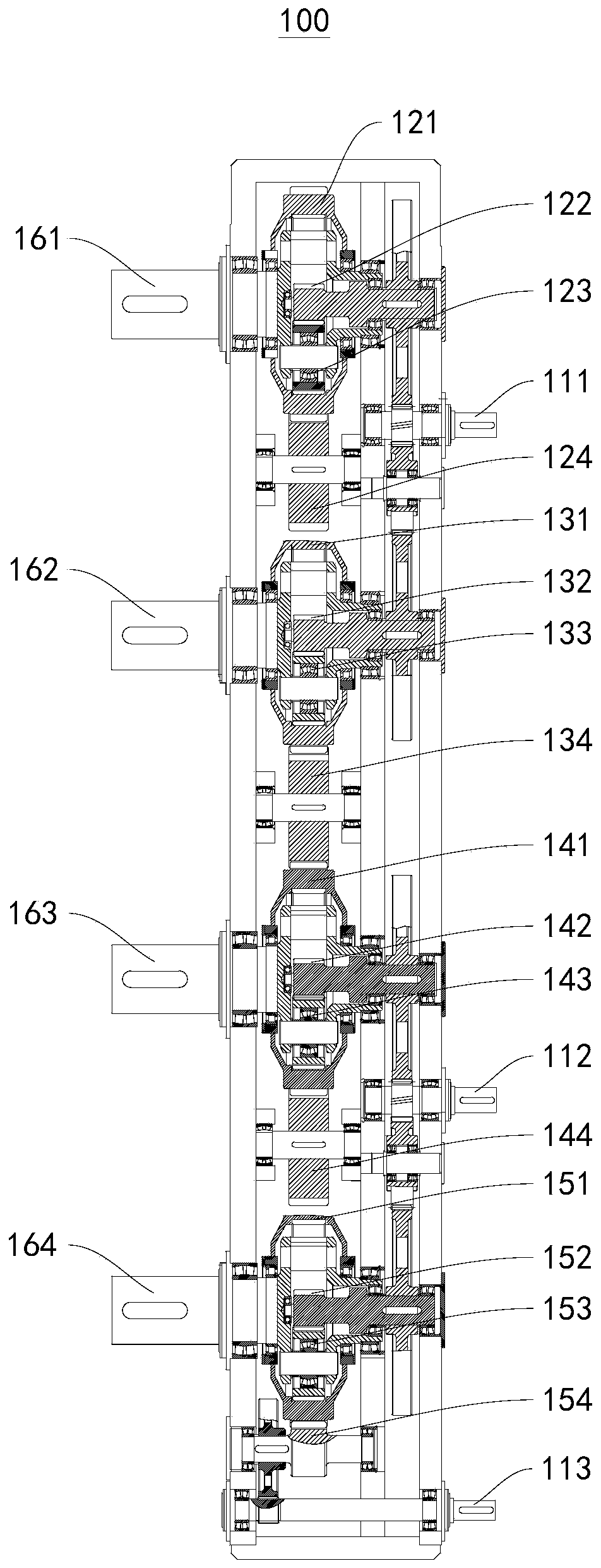 Differential reduction gear, drive mechanism for crane, and shoreside container crane