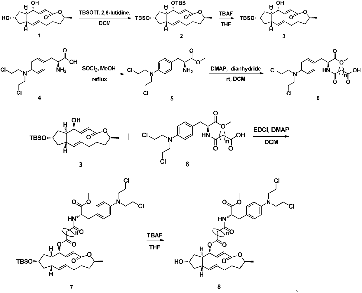 Brefeldin A derivative with melphalan-based chlormethine linked at site 4, preparation method and uses thereof