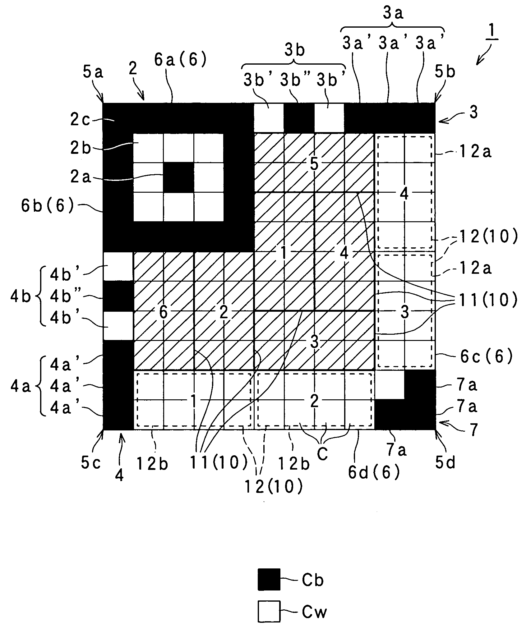 Two-dimensional code having rectangular region provided with specific patterns for specify cell positions and distinction from background