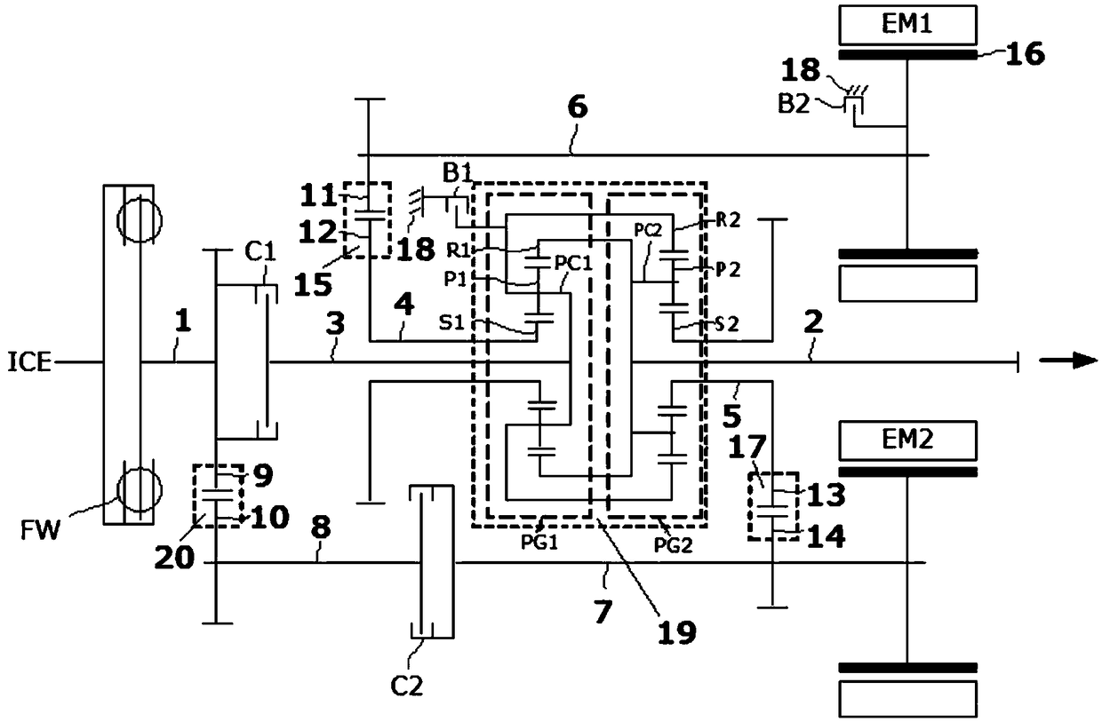 A transmission device for longitudinal rear drive hybrid vehicle