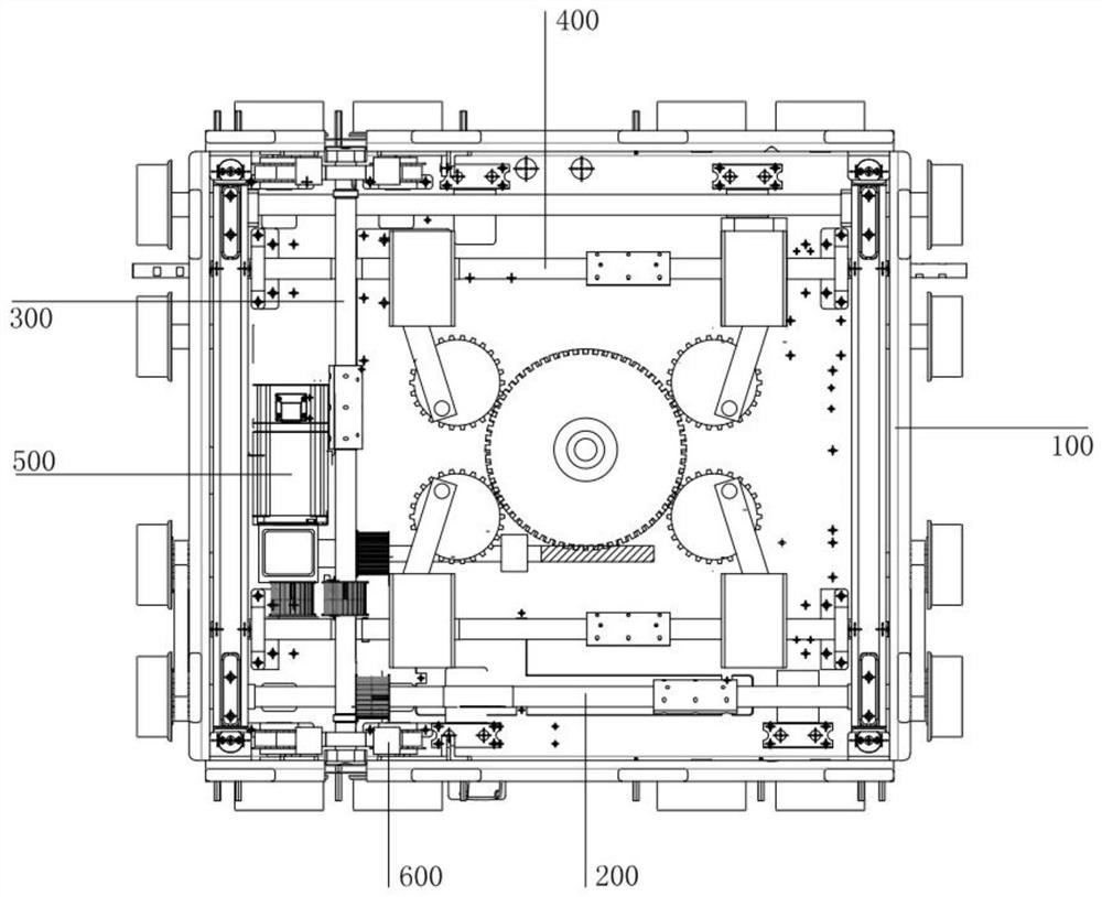 Single-power cable-stayed jacking sixteen-wheel four-way shuttle vehicle