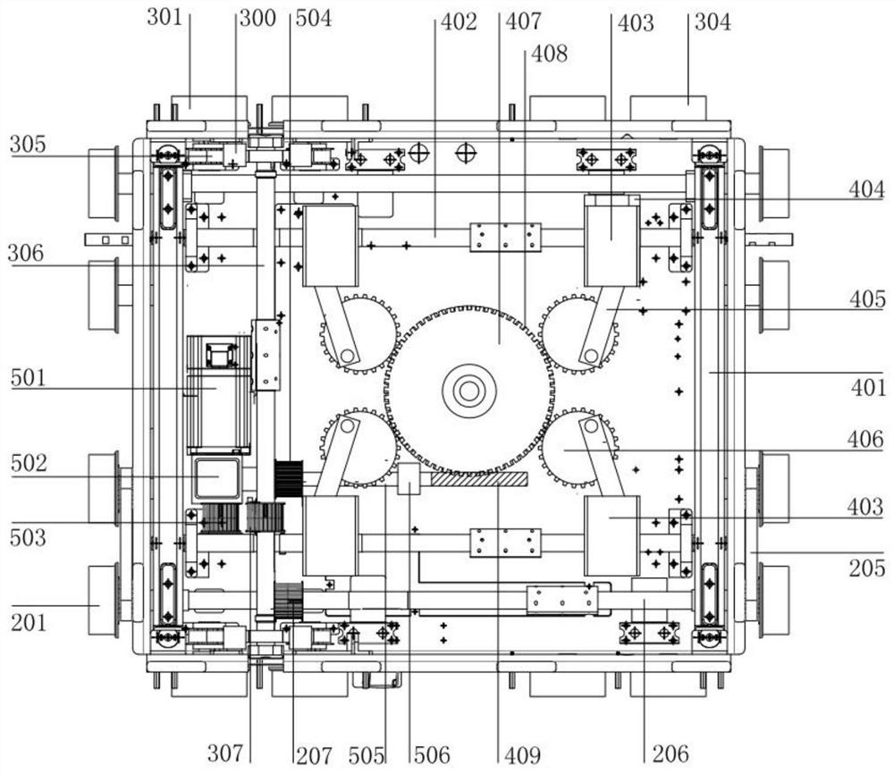 Single-power cable-stayed jacking sixteen-wheel four-way shuttle vehicle