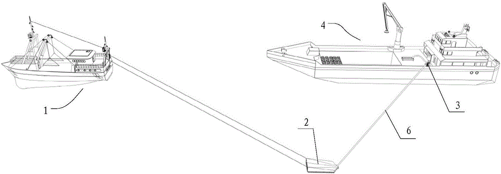 Double-ship continuous operation type deep sea shellfish fishing and catching system and fishing and catching thereof