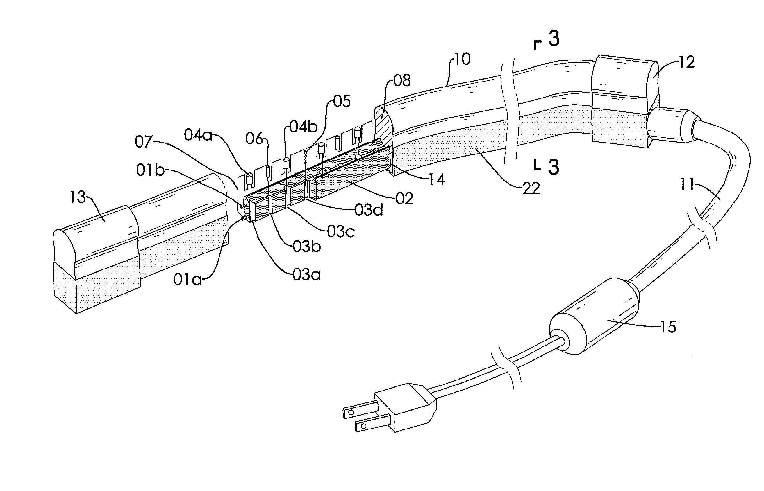 LED rope light with a light refracting layer on top thereof and an opaque layer at a bottom thereof