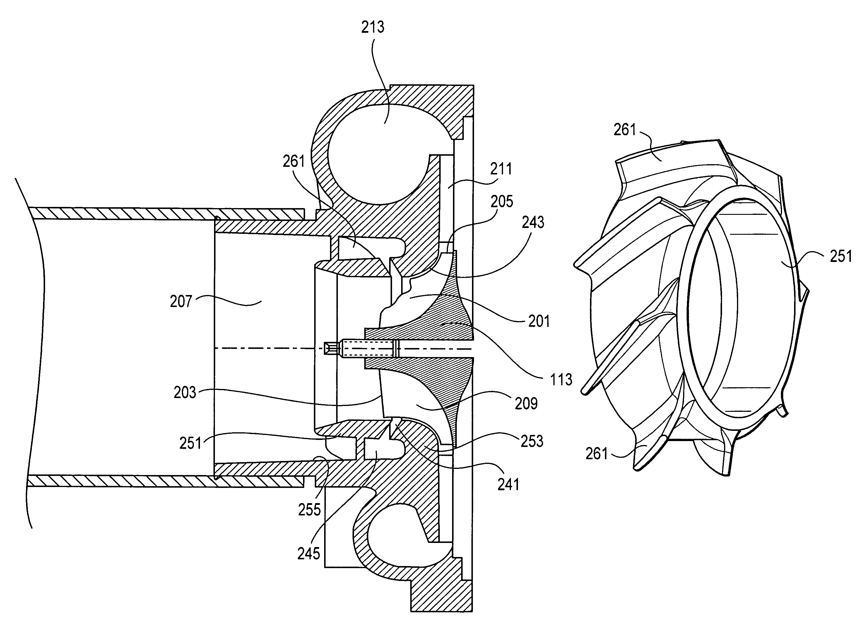 Inclined rib ported shroud compressor housing