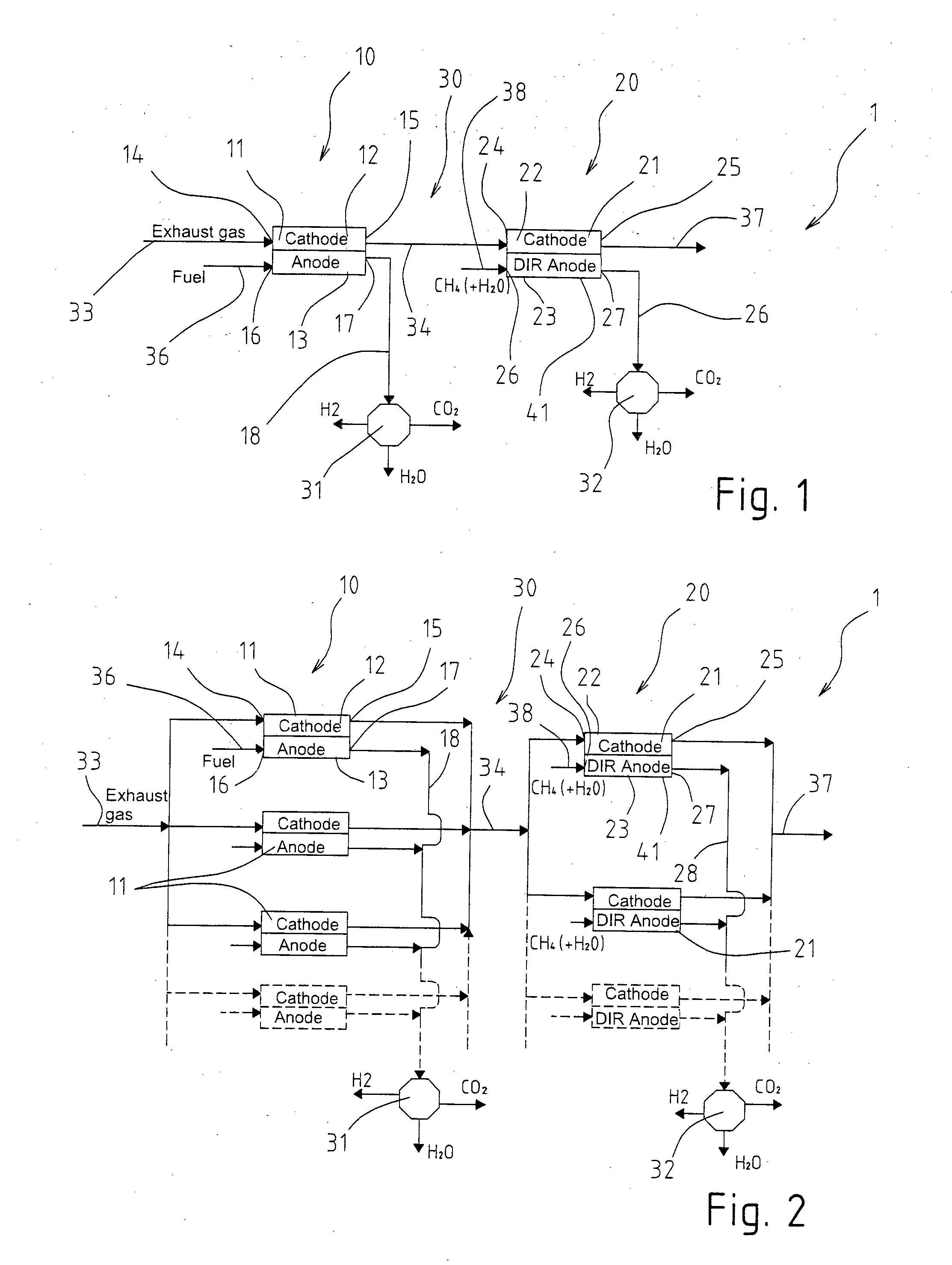 System and method for separating co2 from combustion exhaust gas by means of mcfc multistacks