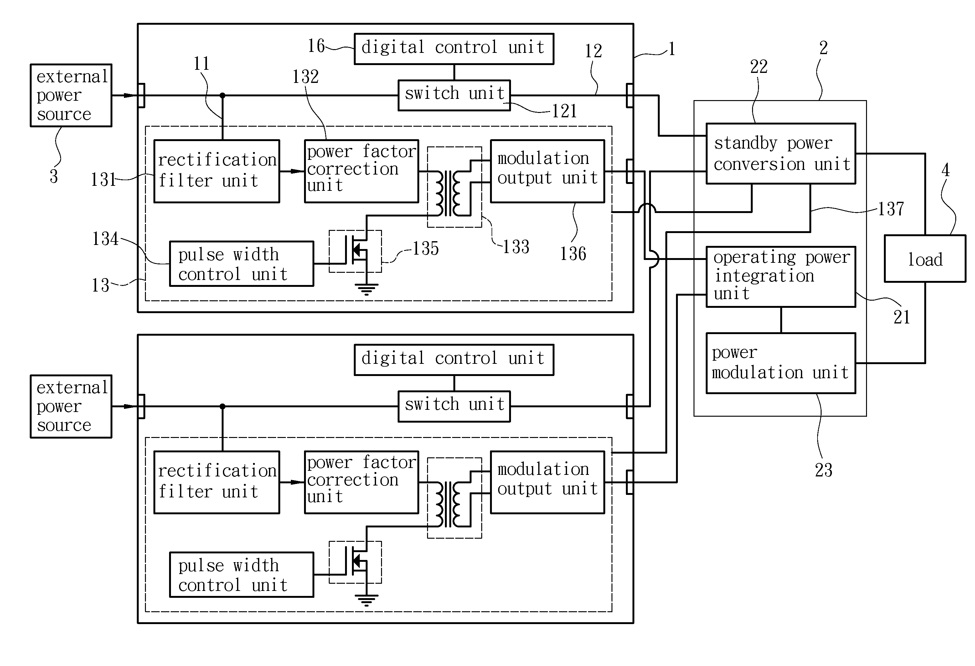 Redundant power supply system for reducing standby power consumption