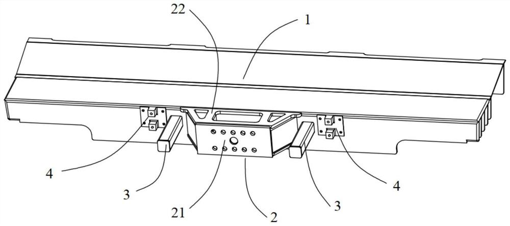 A low-floor tram car end beam and lower hinged mounting seat structure