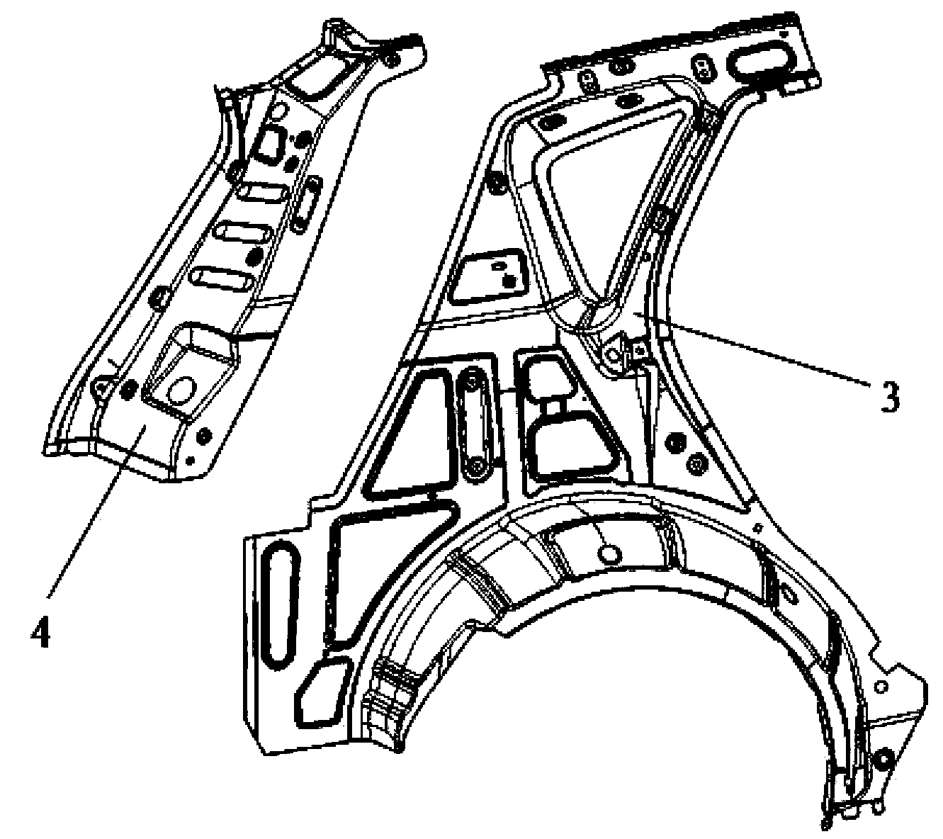 Side body rear supporting column inner plate dividing structure