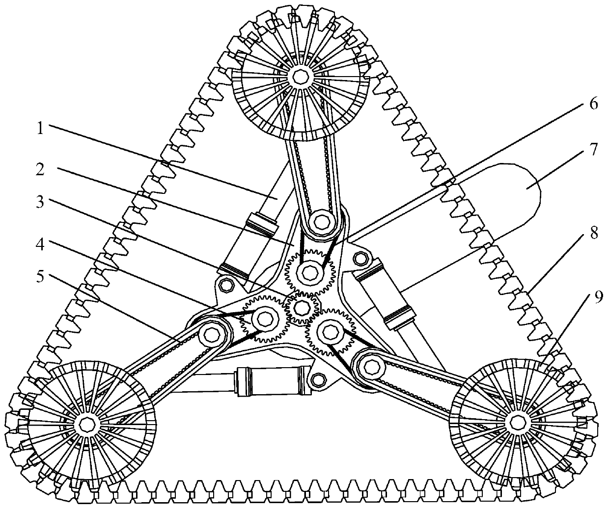 Planetary type triangular crawler running and driving device