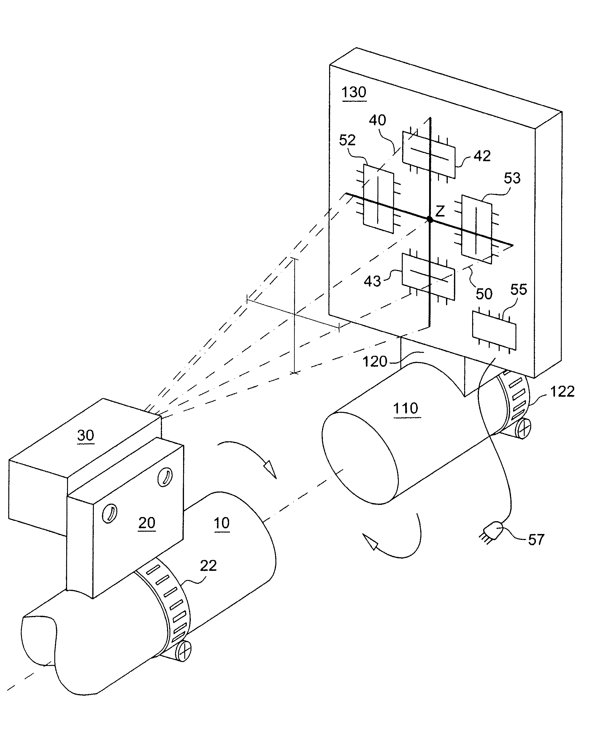 Device and process for quantitative assessment of the three-dimensional position of two machine parts, shafts, spindles, workpieces or other articles relative to one another