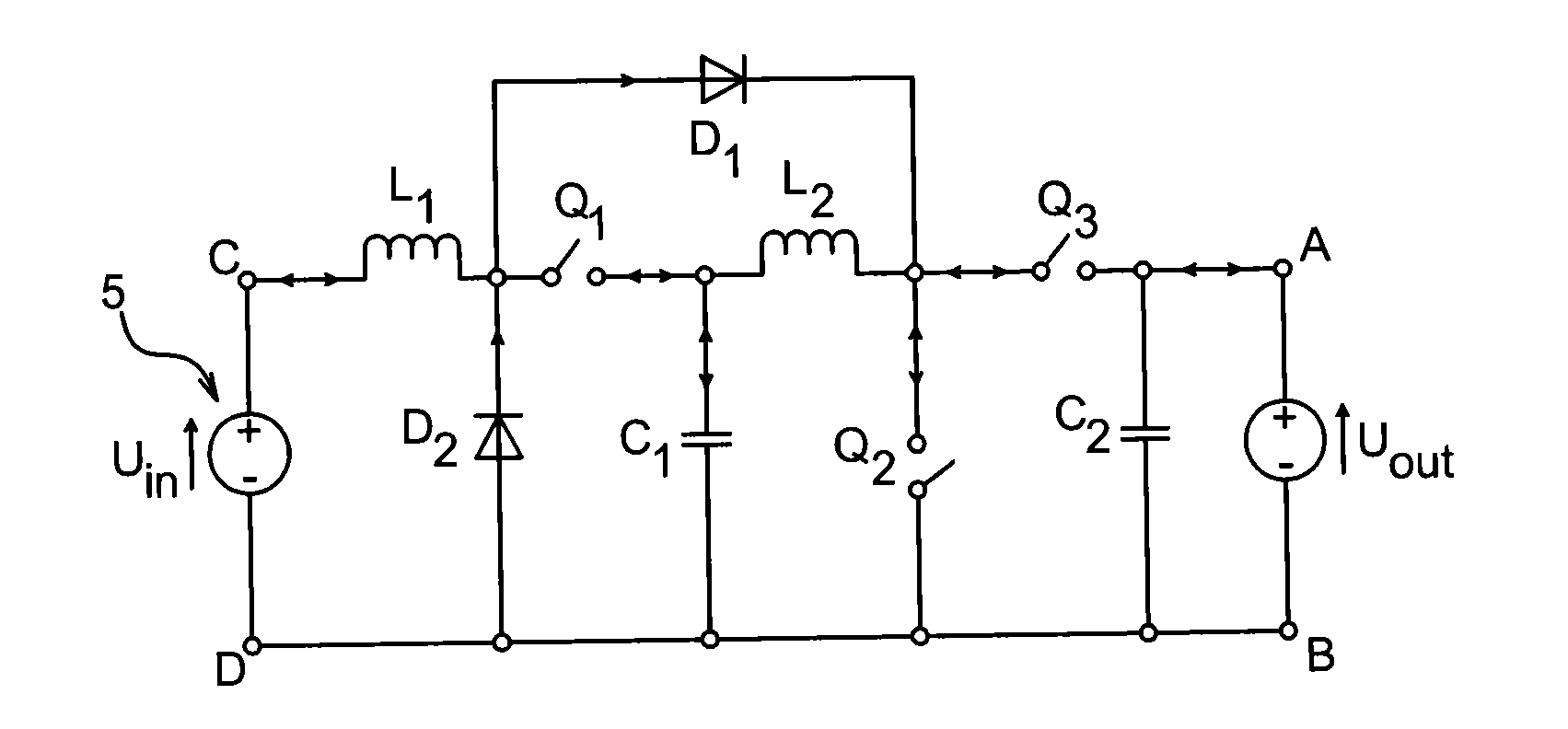 Two-directional current double-boost quadratic dc/dc converter