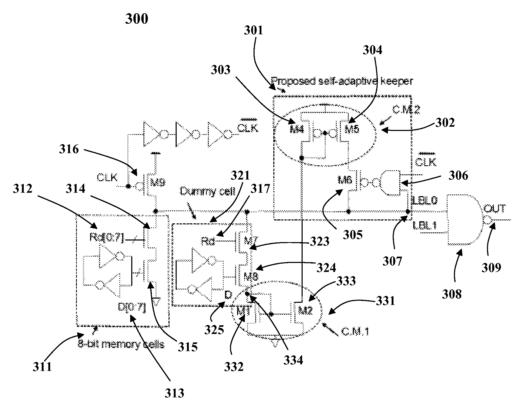 Compensation for leakage current from dynamic storage node variation by the utilization of an automatic self-adaptive keeper