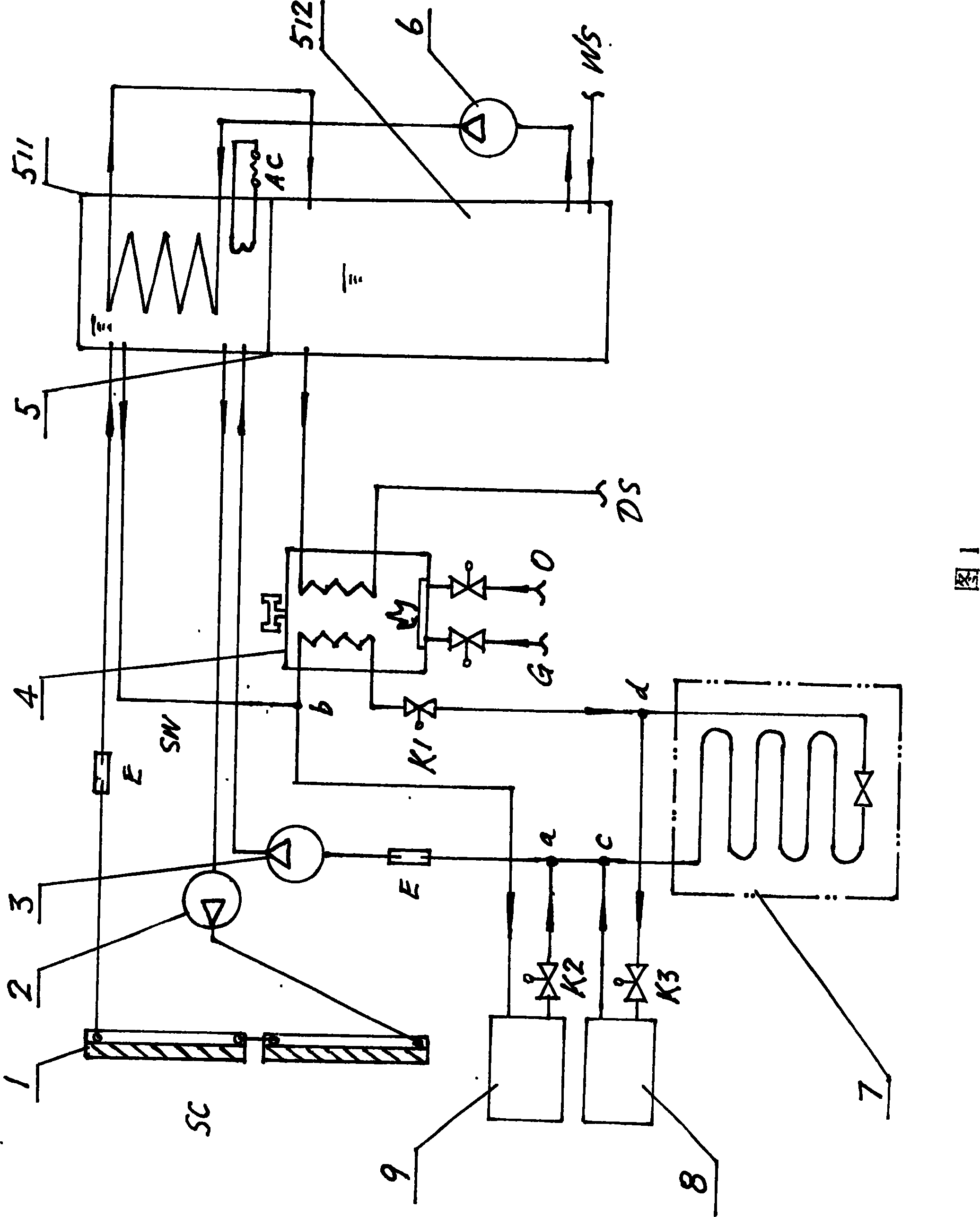 Solar water-heating and air-conditioning heating system employing gas or oil to aid heating