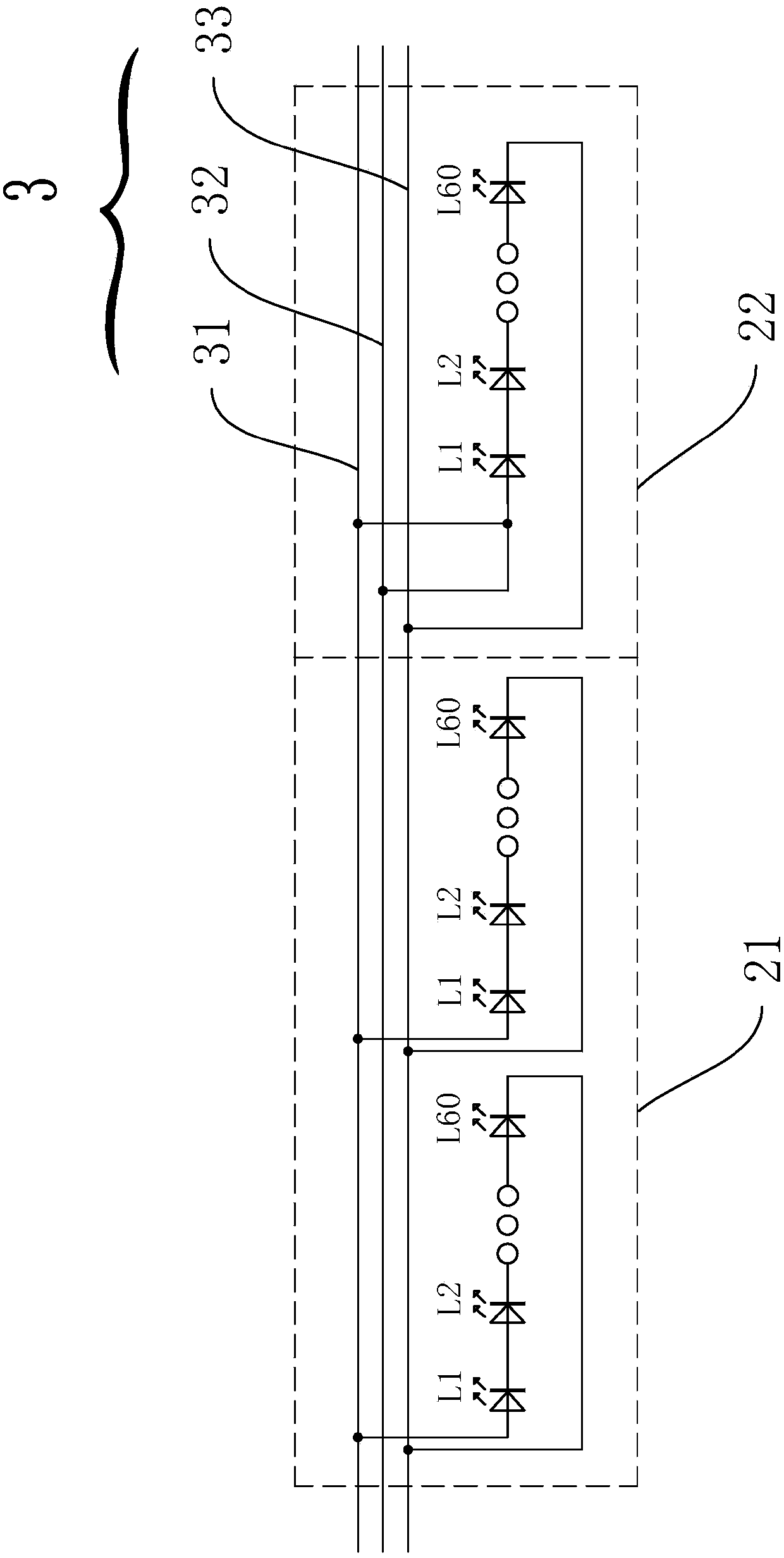 A three-wire emergency light strip