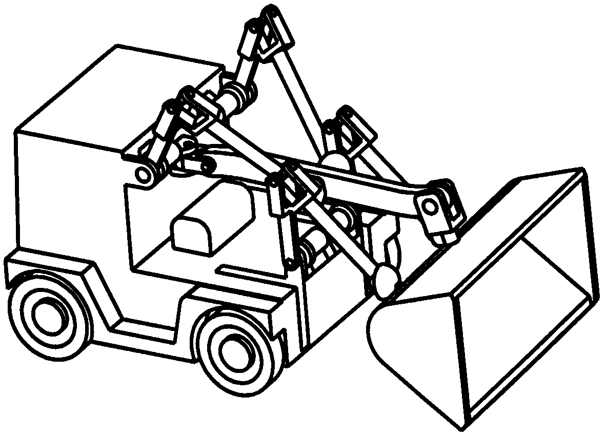 Space controllable mechanism loader with two-dimensional rotating movable arm and two-dimensional rotating bucket